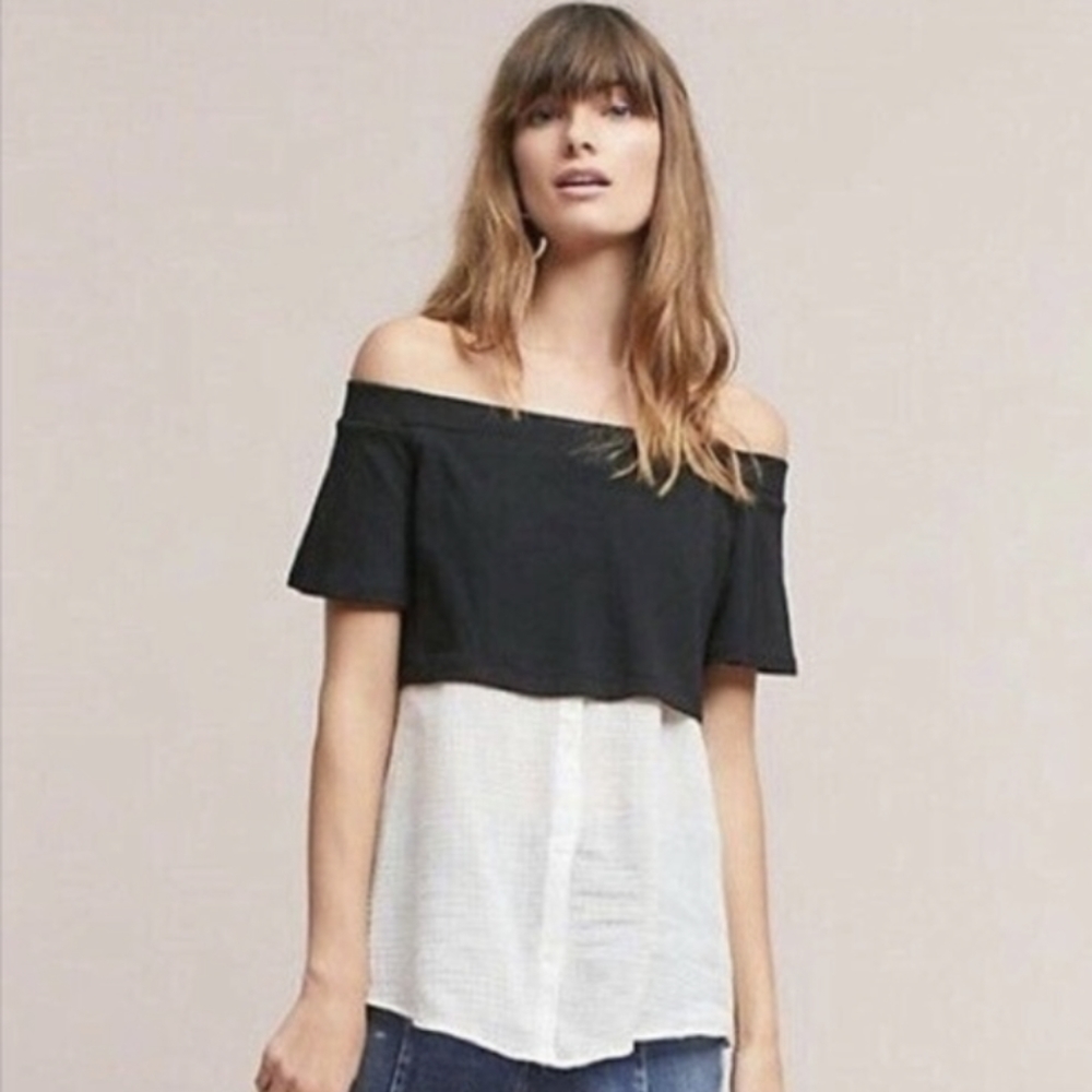 Anthropologie Black and White Off-Shoulder Blouse